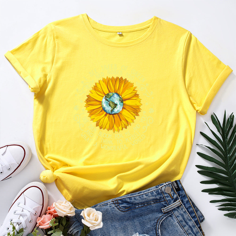 Bee Festival European And American Loose Round Neck Sunflower Short Sleeve