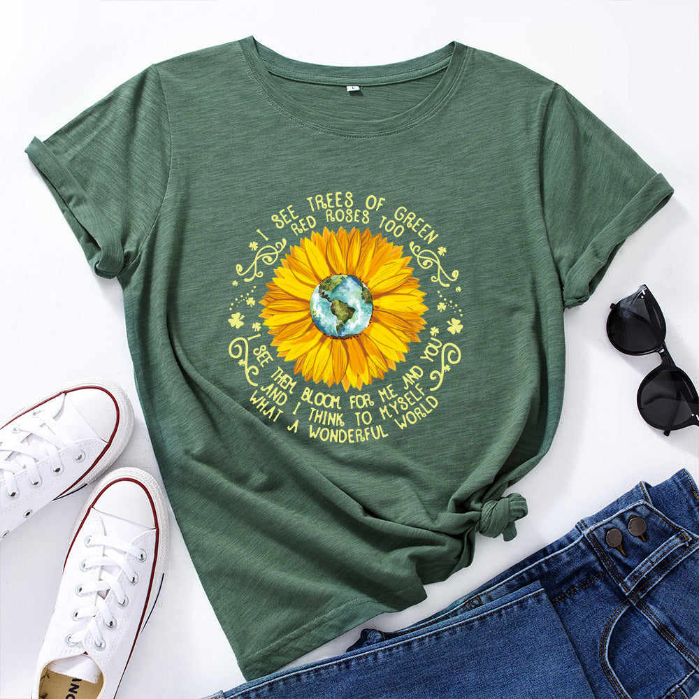 Bee Festival European And American Loose Round Neck Sunflower Short Sleeve